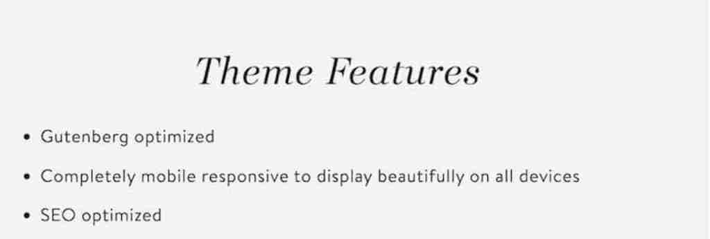 A list of the features for the 17th Avenue Designs Mia Theme.