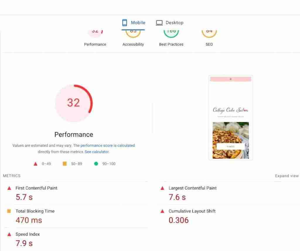 The terrible Google Page Speed Insights Performance Score for the 17th Avenue Designs Mia theme.