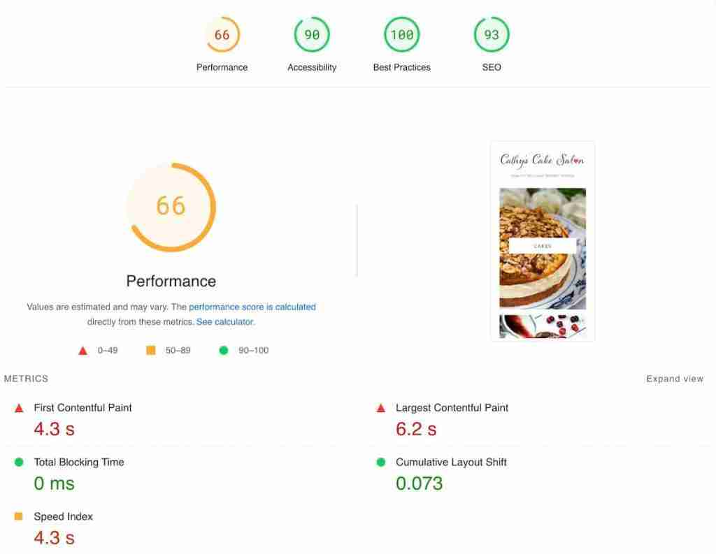 The mobile performance score of the 17th Avenue Designs Mia Theme.