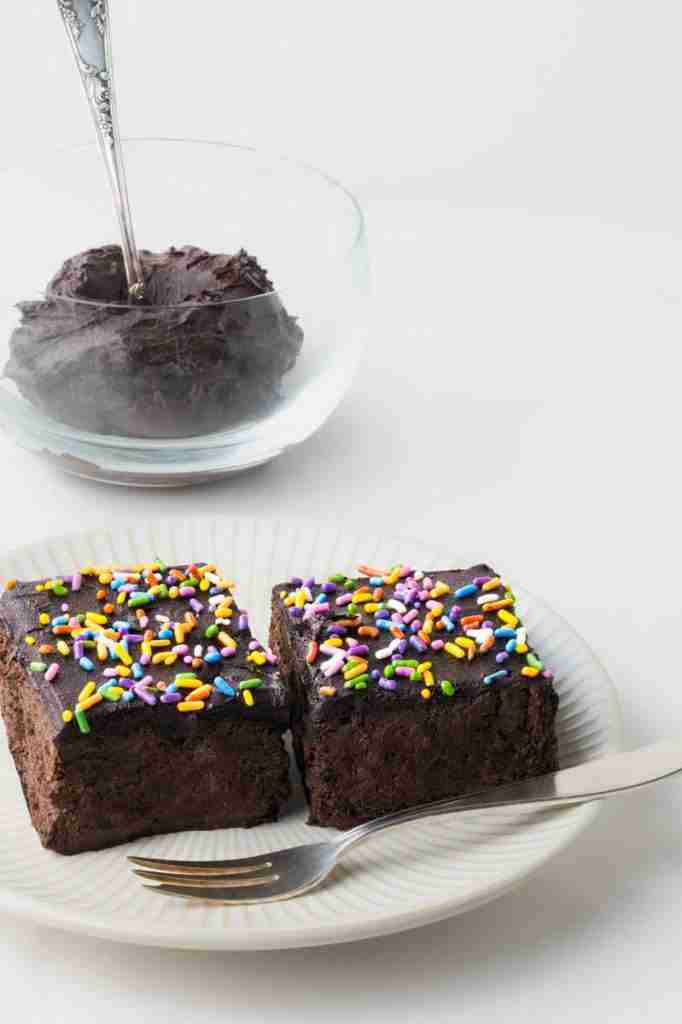Chocolate dessert and a bowl of healthy, sugar-free, dark chocolate-avocado frosting.