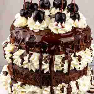 6-inch, 3-layer black forest mini cake topped with whipped cream and cherries.
