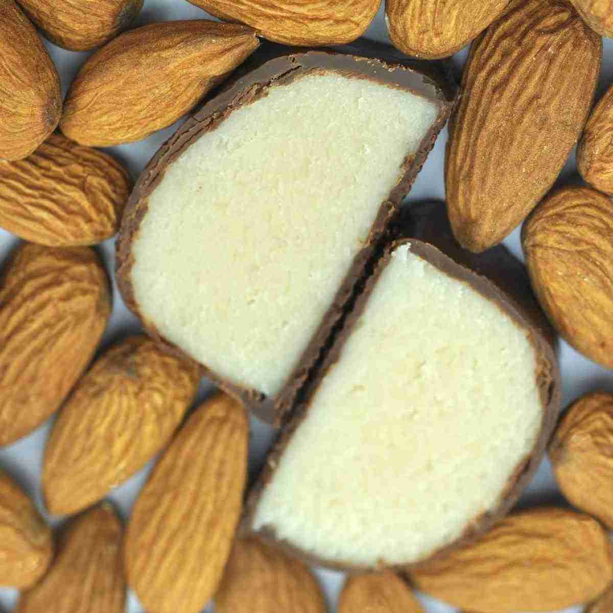 The result of this sugar free marzipan recipe: Keto marzipan covered with chocolate and surrounded by almonds.