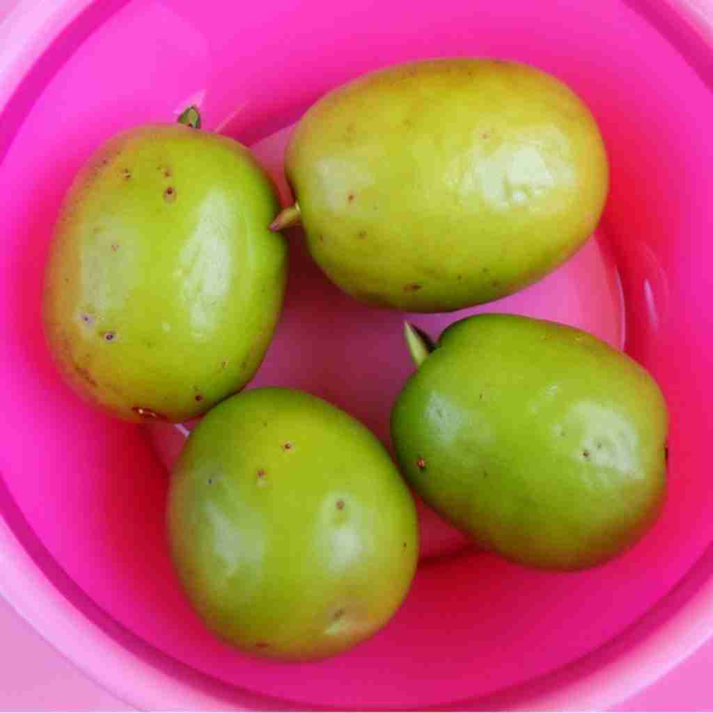 Fresh monk fruit in a pink bowl.