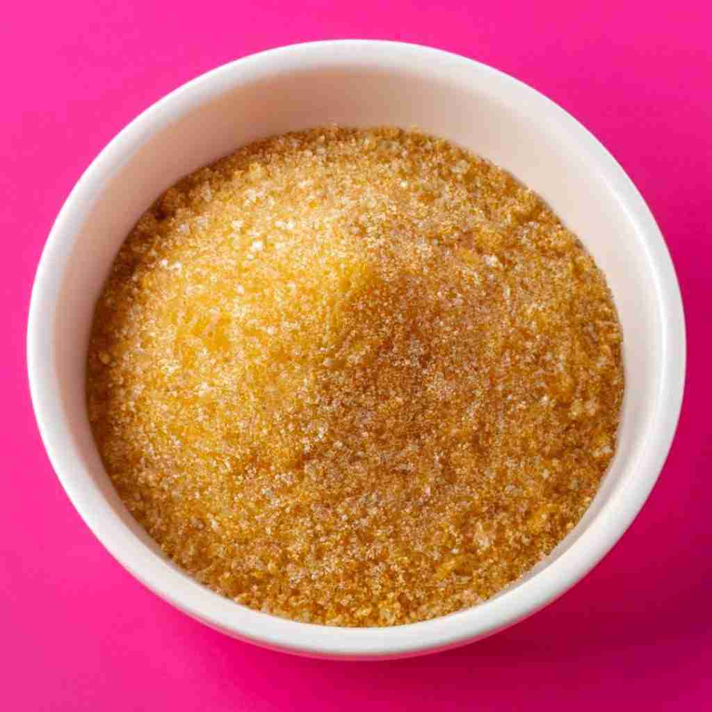 Monk fruit without erythritol: Classic granulated golden monk fruit allulose blend in a white bowl.