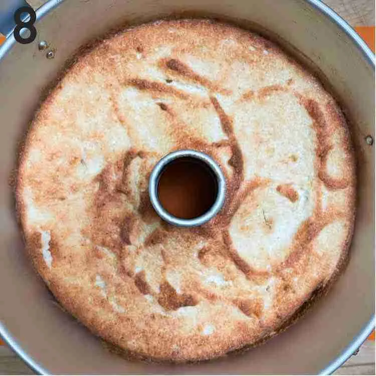 A step in the recipe: The baked cake in the angel food cake pan.