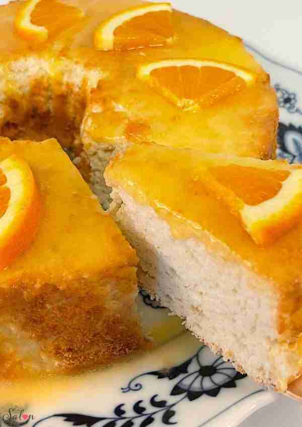 Orange keto angel food cake with sugar free orange glaze.