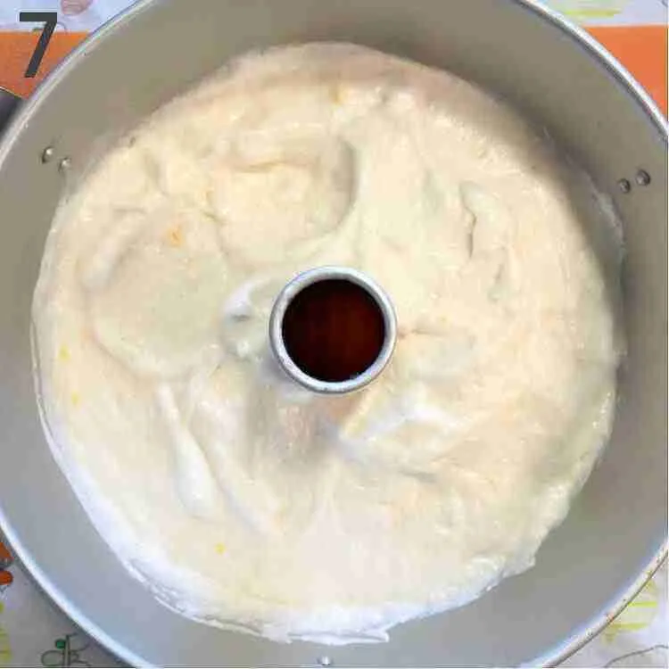 A step in the recipe: Put the batter in the angel food cake pan.