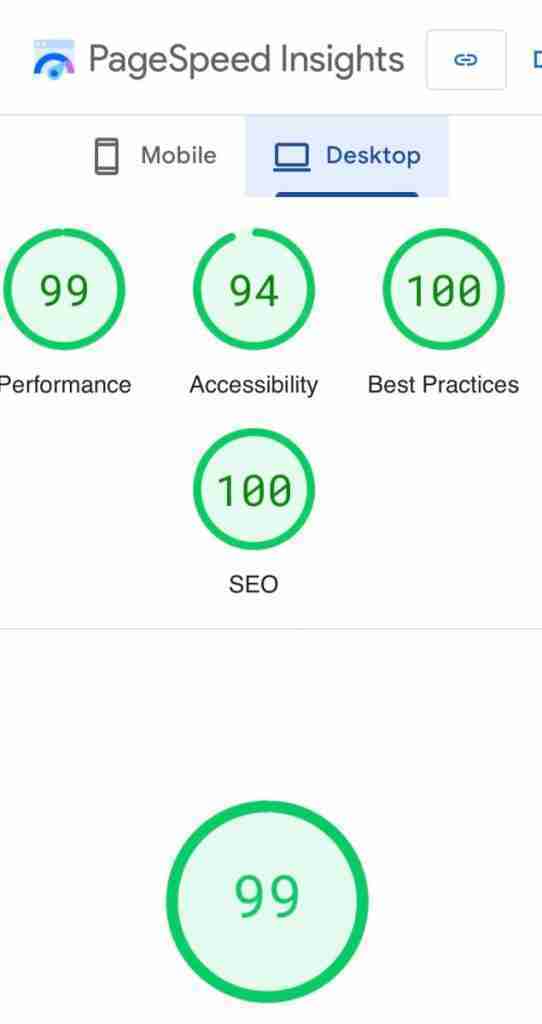 Cathy's Cake Salon Desktop PageSpeed Insights Score for the 17th Avenue Designs Mia theme.