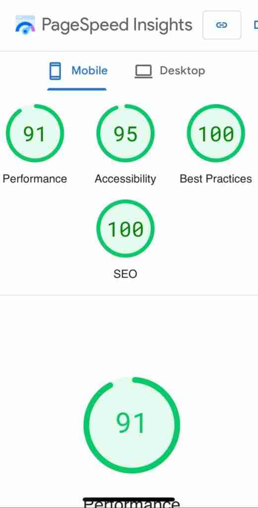 Cathy's Cake Salon Mobile PageSpeed Insights Score for the 17th Avenue Designs Mia theme.
