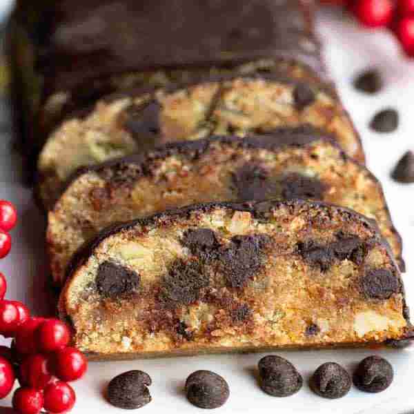 Slices of keto Chocolate Chip Stollen made with almond flour and sugar free chocolate chips.