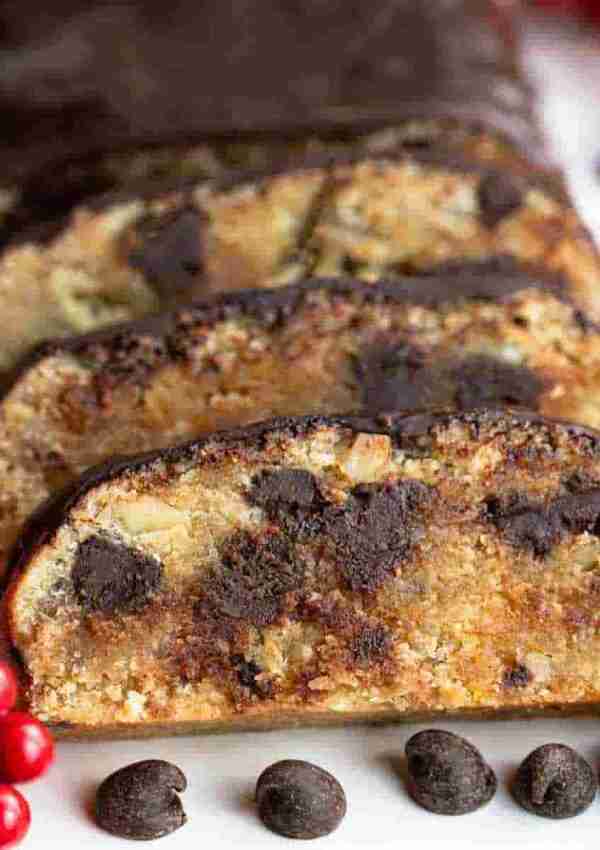Slices of keto Chocolate Chip Stollen made with almond flour and sugar free chocolate chips.