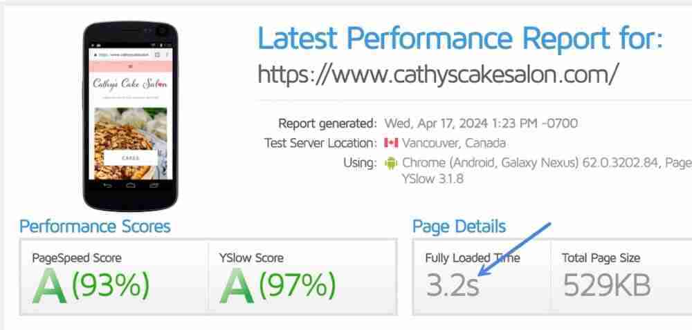 GTmetrix Mobile Performance Report for Cathy's Cake Salon after improving performance for the 17th Avenue Designs Mia theme.