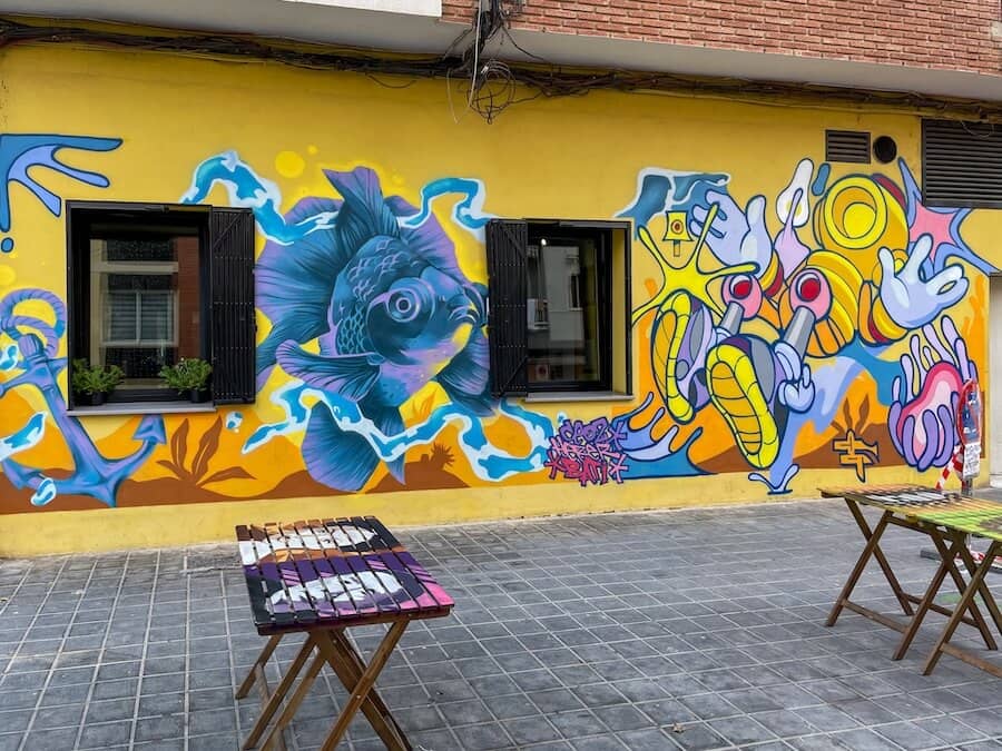 Murals adorn the outside walls of La Batisfera in El Cabanyal, Valencia, Spain.