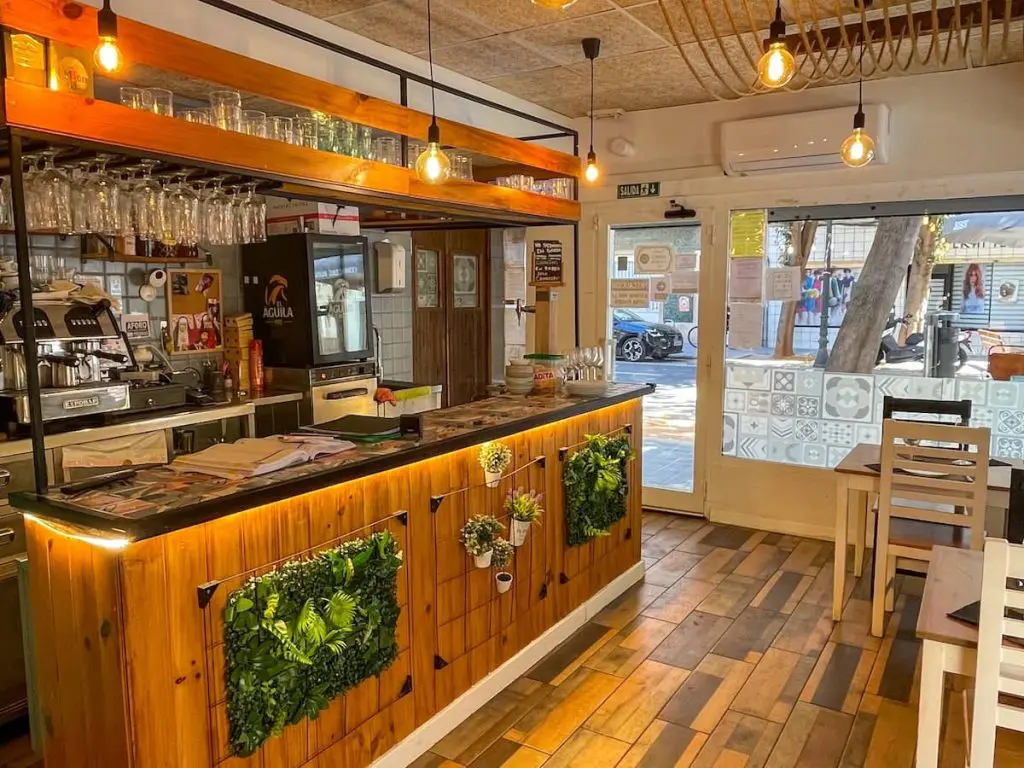The interior of La Bodeguita de Cabanyal restaurant in Valencia, Spain.