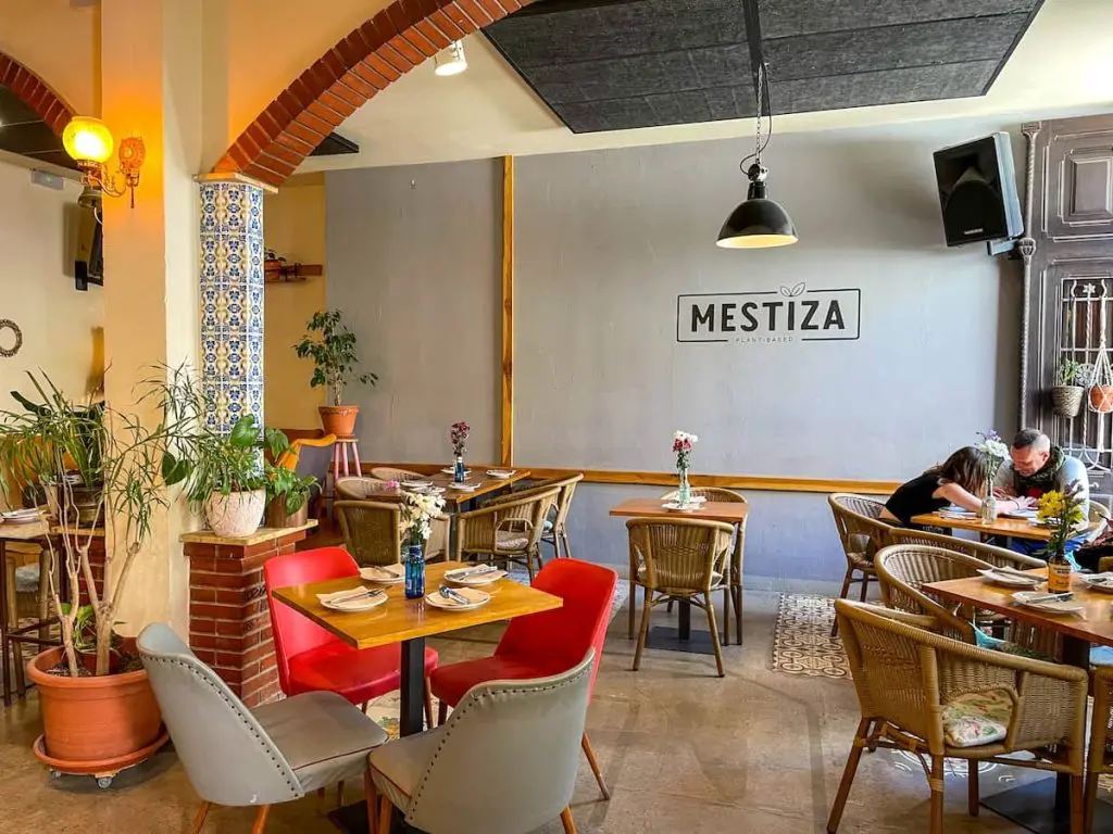 The inside of Mestiza Vegan Restaurant in the Cabanyal quarter of Valencia, Spain.