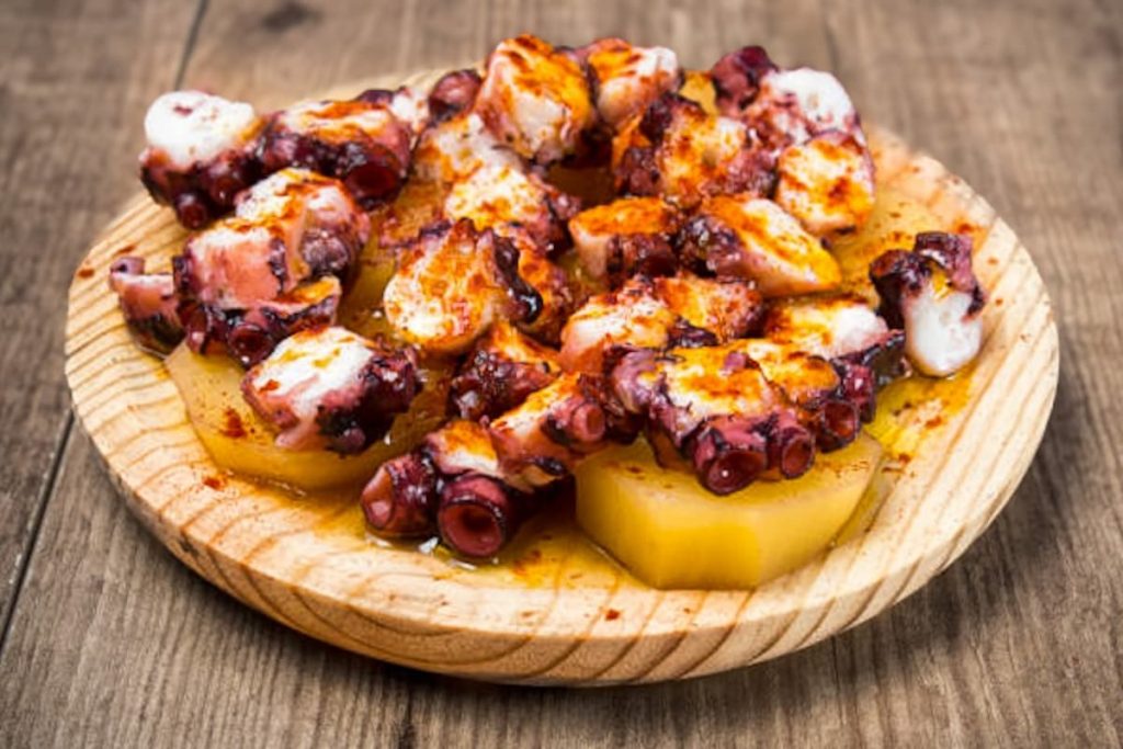 Galician octopus with potatoes which is called Pulpo a la gallega o pulpo a feira.