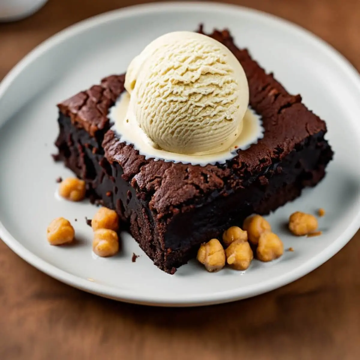 A vegan flourless chickpea brownie with a scoop of dairy free vanilla ice cream on the side.