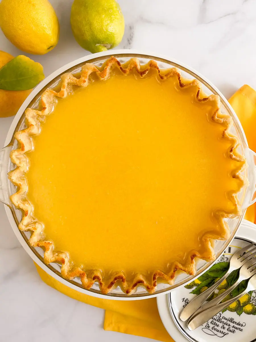 Dairy free lemon tart in an almond flour vegan pie crust.