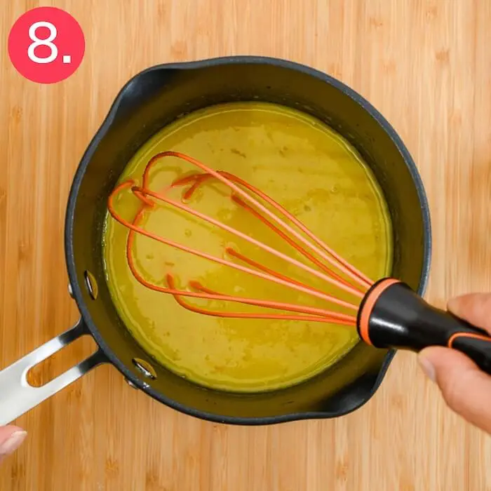 Step 8 in this recipe: Whisk the ingredients in the saucepan for about 5 minutes.