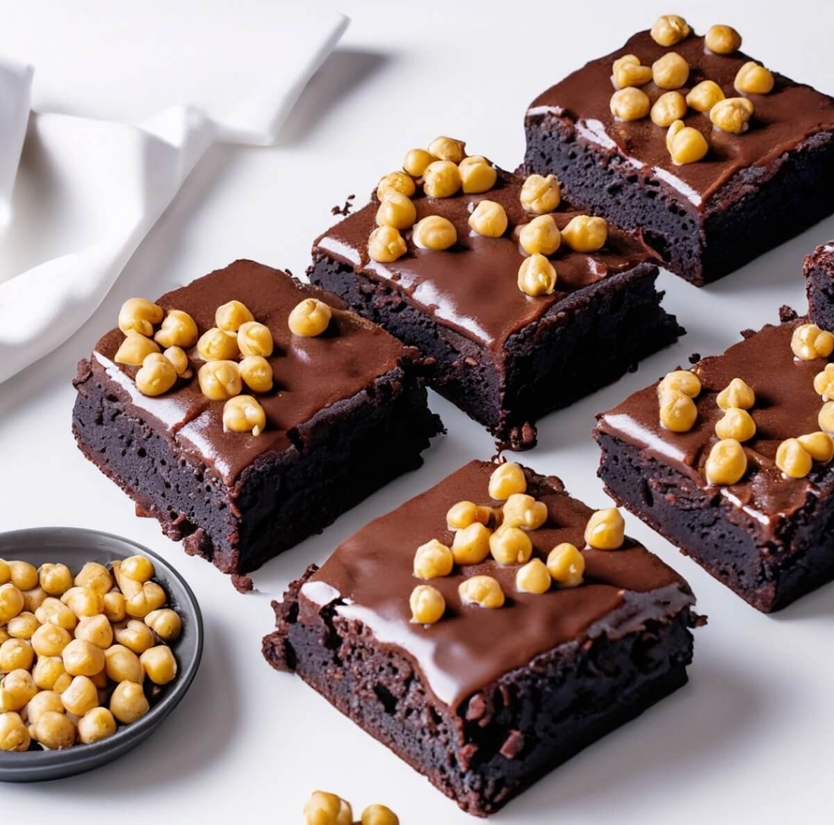 Flourless vegan chickpea brownies topped with chocolate glaze and chickpeas.
