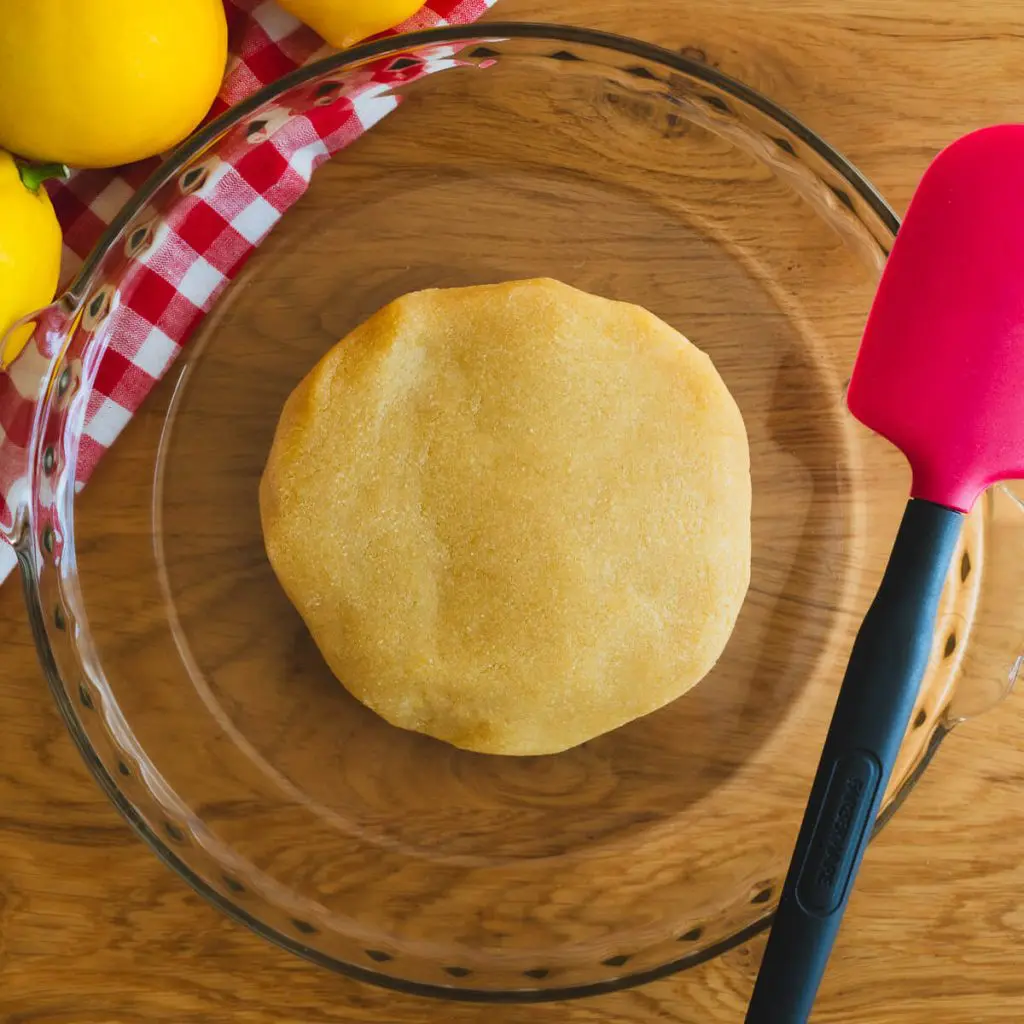 A step in the keto recipe: Placing a disk of gluten free, grain free dough in the center of the tart pan.