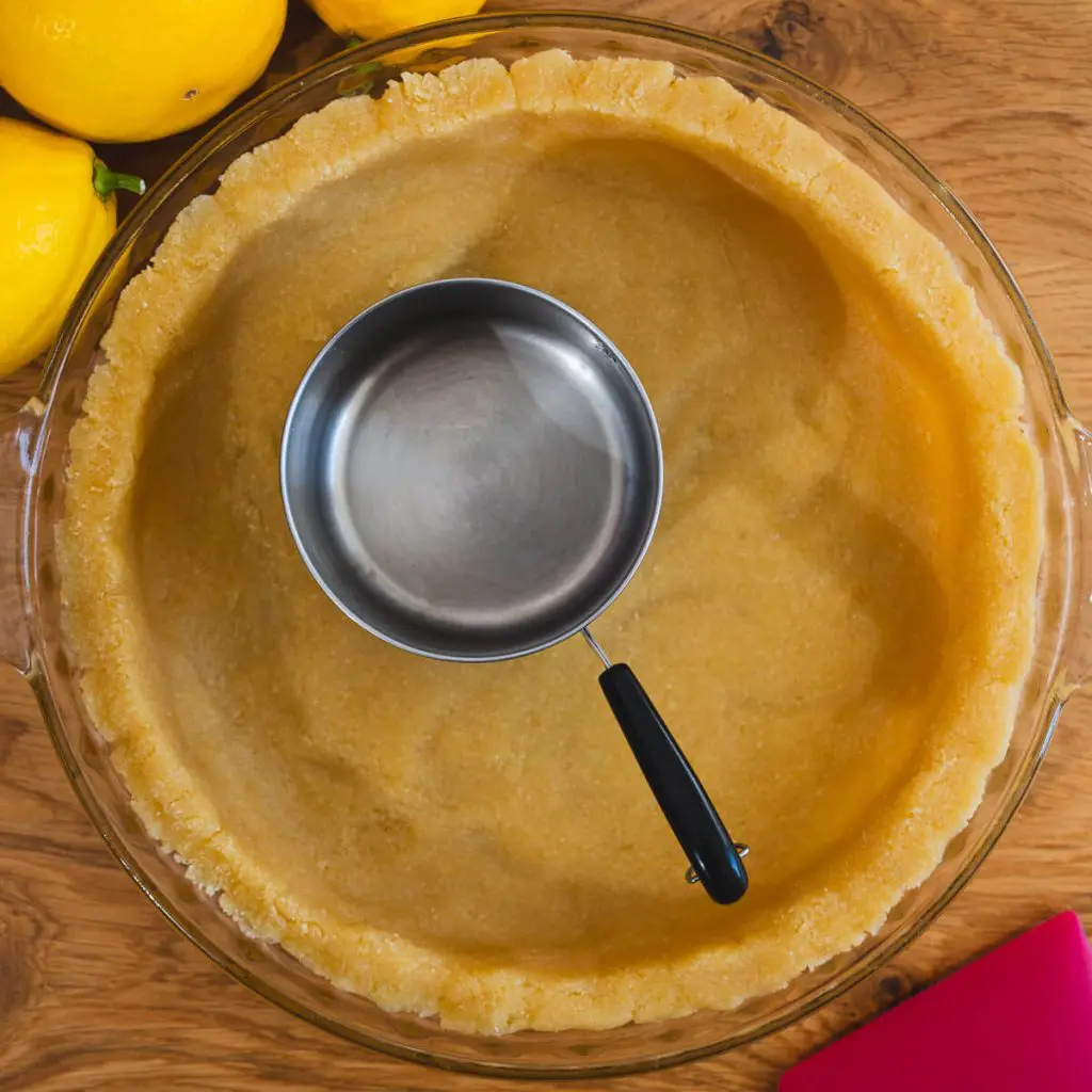 A step in the healthy recipe: Using a mini sauce pan to flatten the bottom of the pie and build the tart's sides.