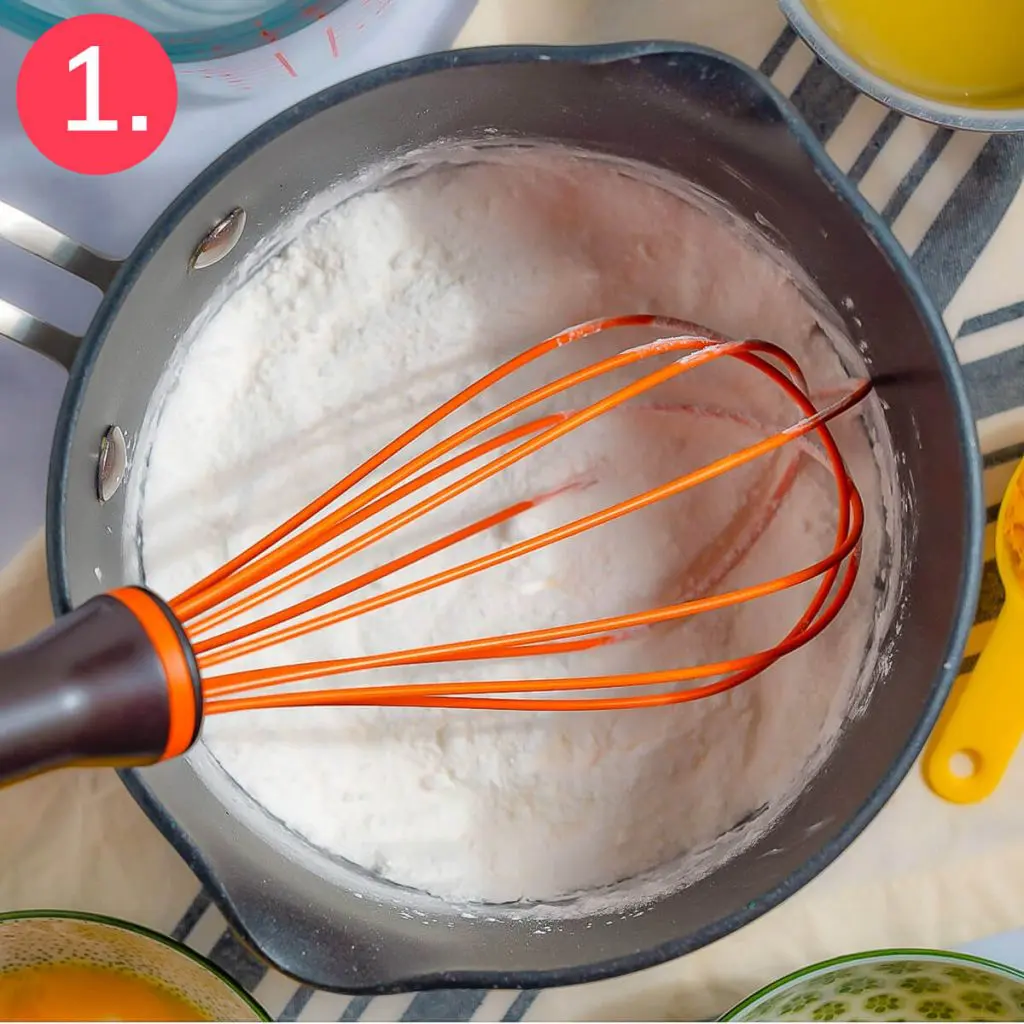 Step one in the sugar free lemon curd filling recipe: Whisk together the dry ingredients.