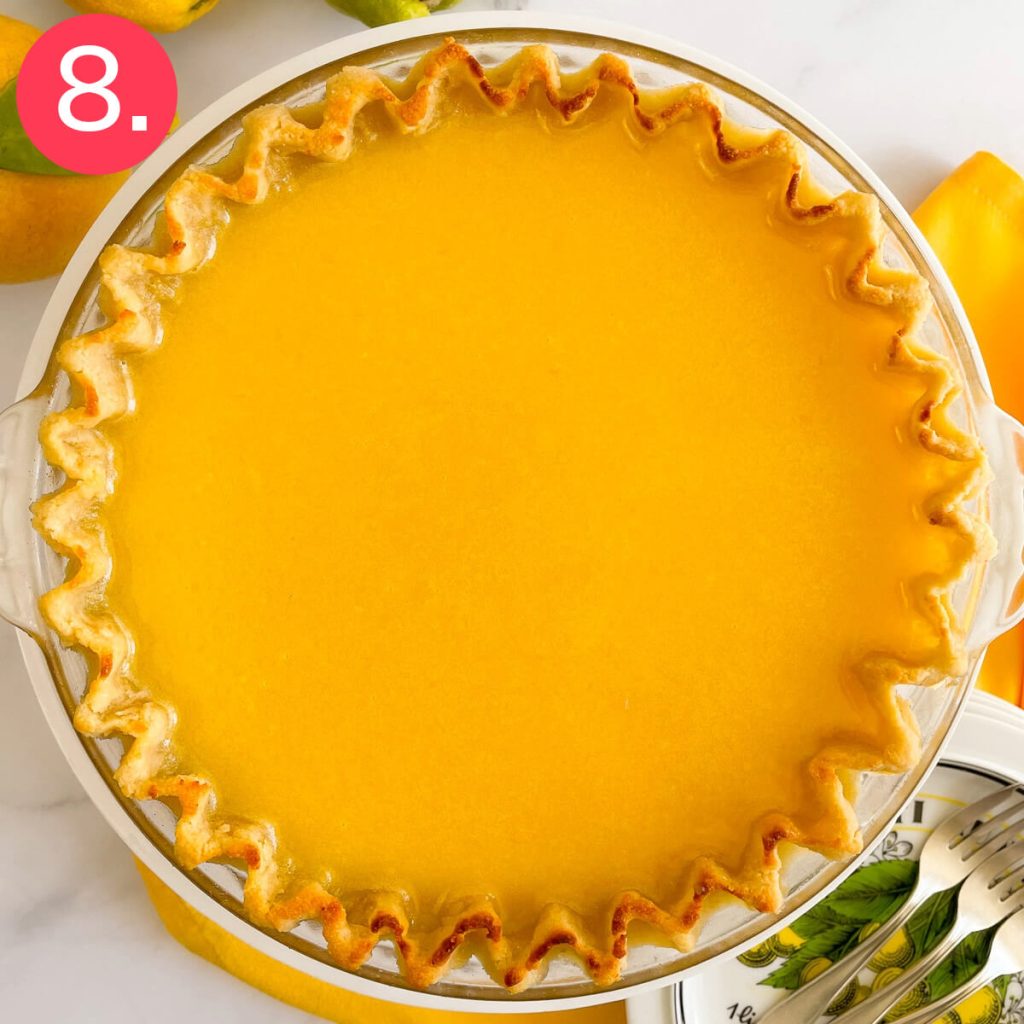 Step eight: Pour sugar free keto lemon pie filling into baked sugar free almond flour pie crust.