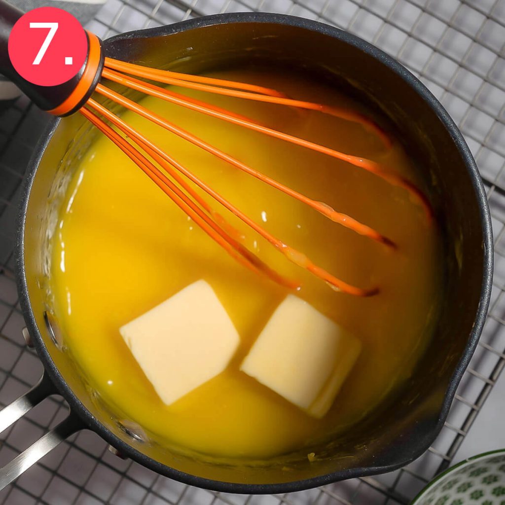 Step seven in the sugar free lemon curd filling recipe: Turn off flame and whisk in butter.