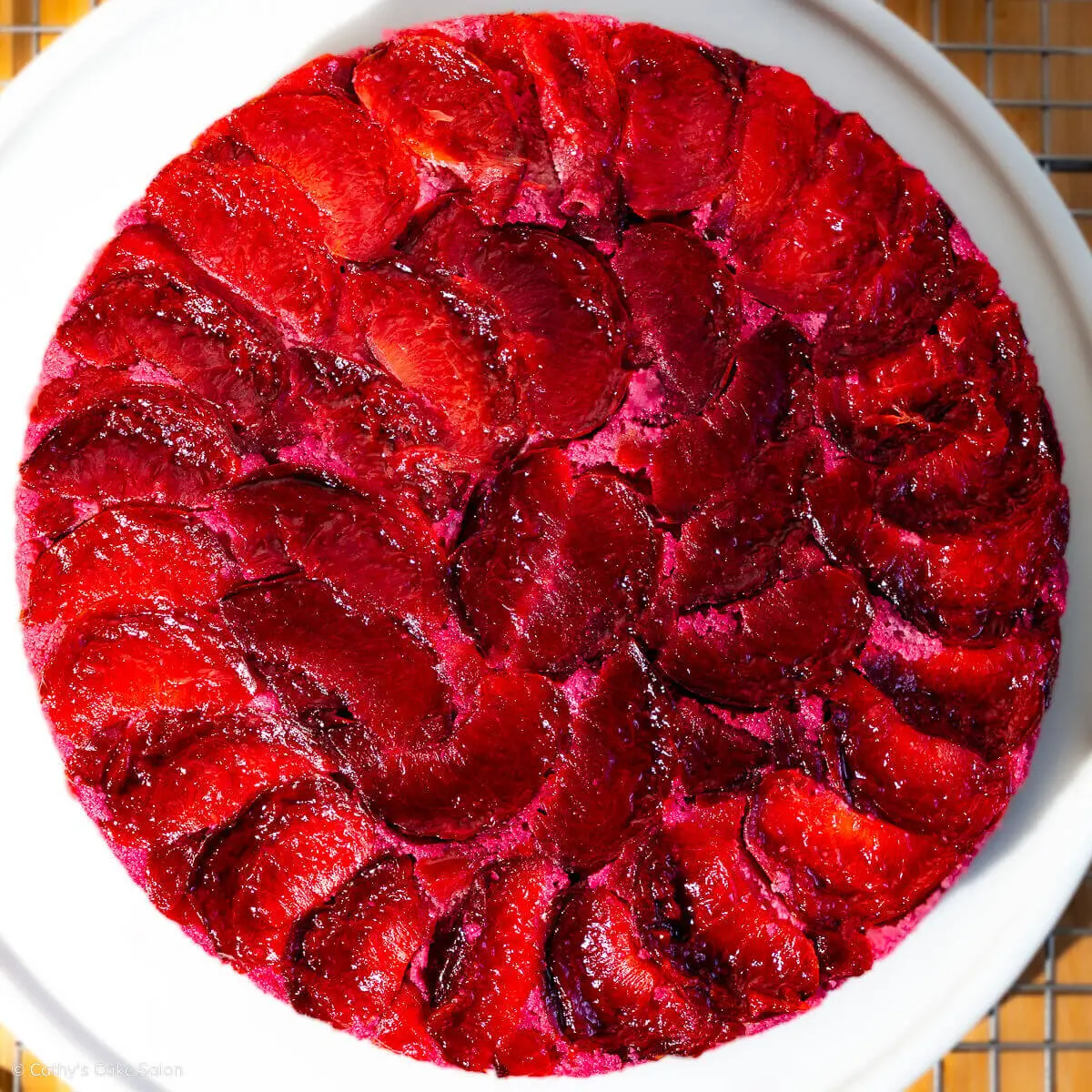 An upside down Keto Plum Cake fresh out of the oven.