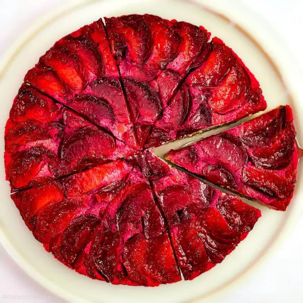 A gluten free, grain free upside down Keto Plum Cake sweetened with monk fruit sweetener.