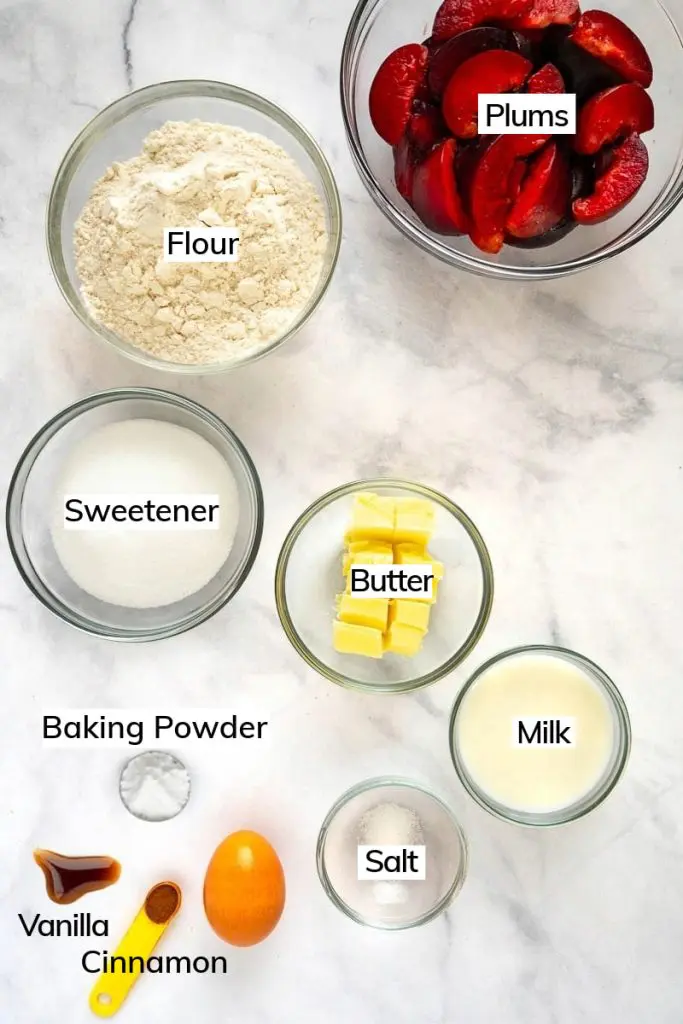 Ingredients in sugar free German plum cake with buttery cinnamon streusel.