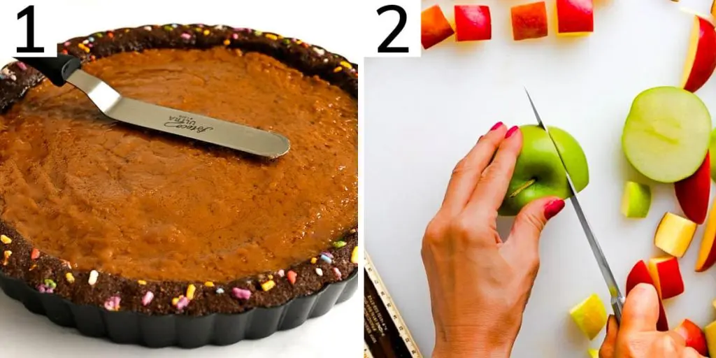 Steps 1 and 2 to make a geometric tart design with squares of red and green apples.
