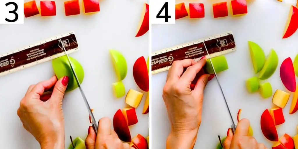 Steps 3 and 4 illustrate how to slice the apples into one-inch squares with a chef's knife and a ruler.