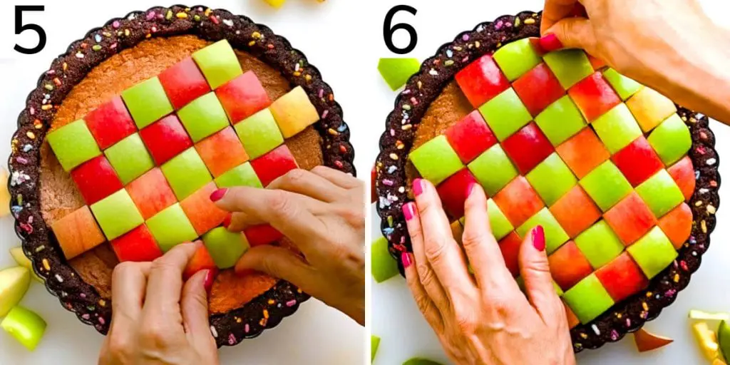 Steps 5 and 6: Putting the red and green squares of apple on the filling and creating a checkered pattern. The red and green apples give the vegan tart a holiday or Christmas look.