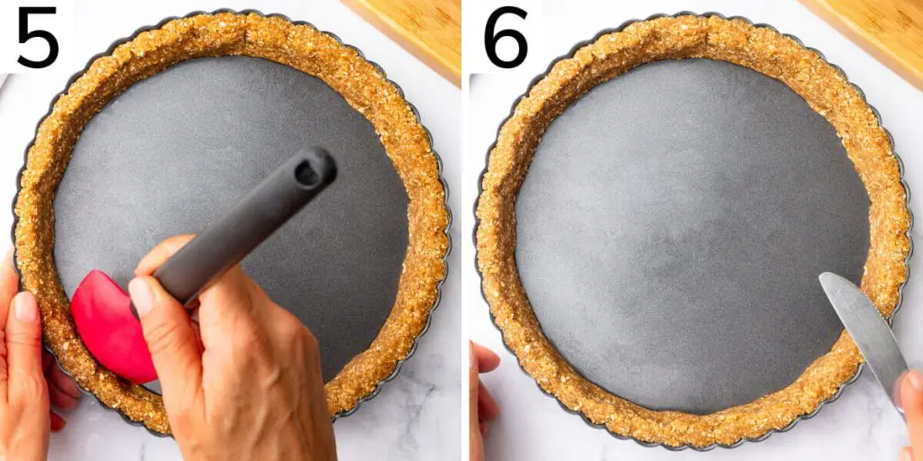 Steps 5 and 6 to make plant-based oat flour tart crust.