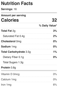 Nutrition facts for vegan lemon curd recipe.
