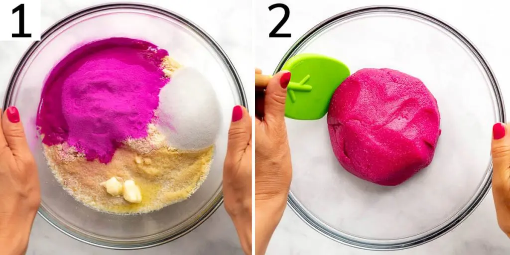 Steps 1 and 2 for this dragon fruit powder recipe: Combine ingredients in bowl. Then blitz in food processor or stand mixer until ingredients come together.
