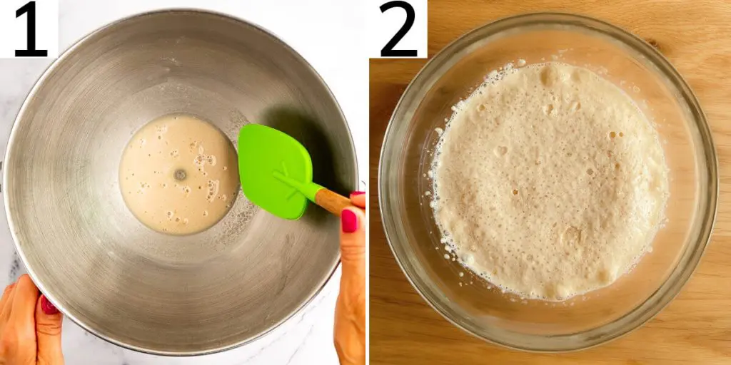 Steps 1 and 2 to make vegan pizza dough without sugar.