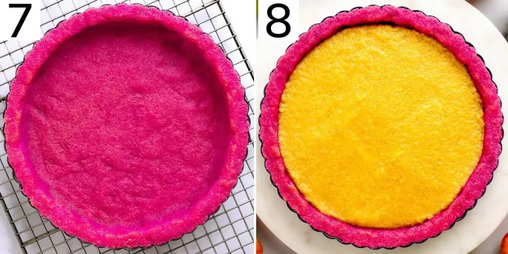 Process shots 7 and 8 for this dragon fruit pie crust recipe: The baked dragon powder crust and the magenta crust with an apple curd filling.