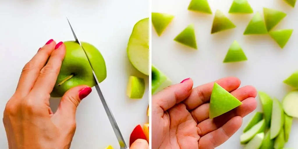 Two steps in the recipe: Cutting the apples and then cutting the triangles.
