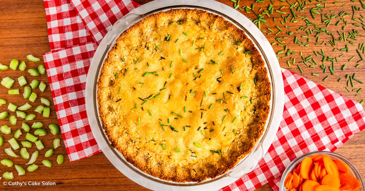 The result of this keto chicken pot pie recipe: one pie in the best savory pie crust with cheddar cheese and almond flour.