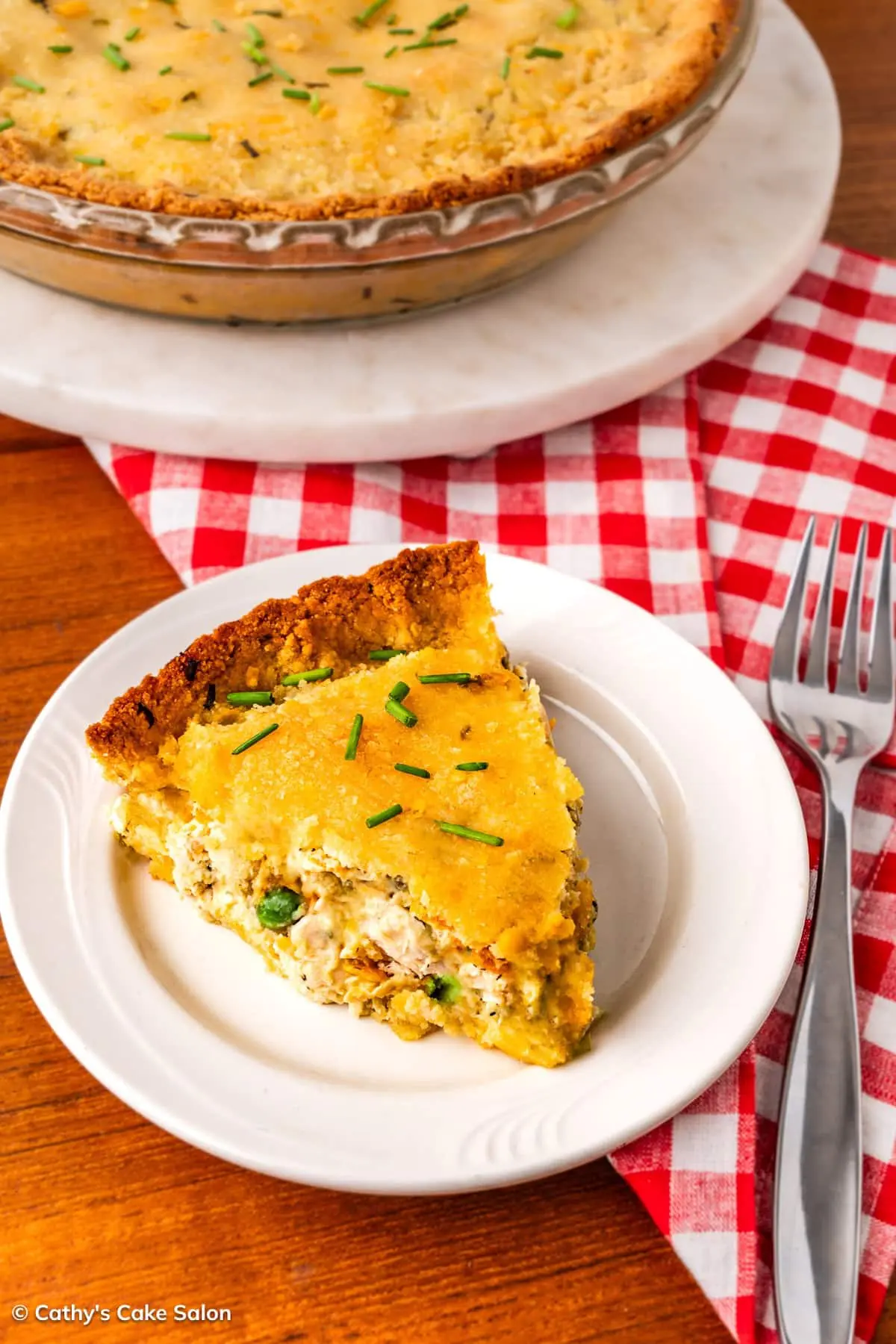 Keto chicken pot pie in an almond flour pie crust.