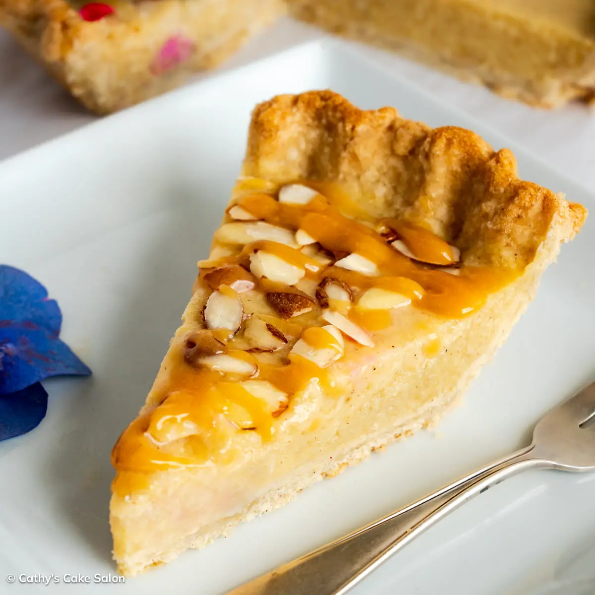A slice of this dessert topped with slivered almonds and homemade caramel sauce.