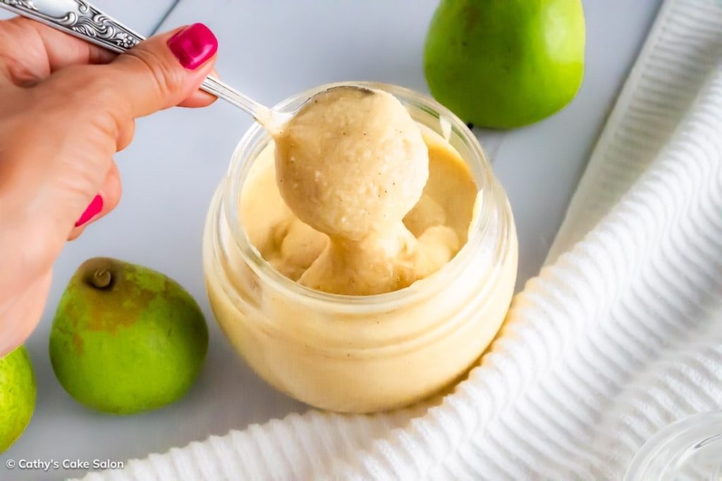 The yield of this homemade pear curd recipe: a jar of pear curd.