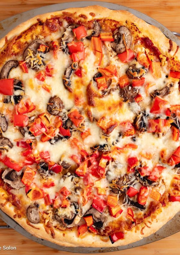 Sugar free pizza dough recipe baked with vegan toppings.