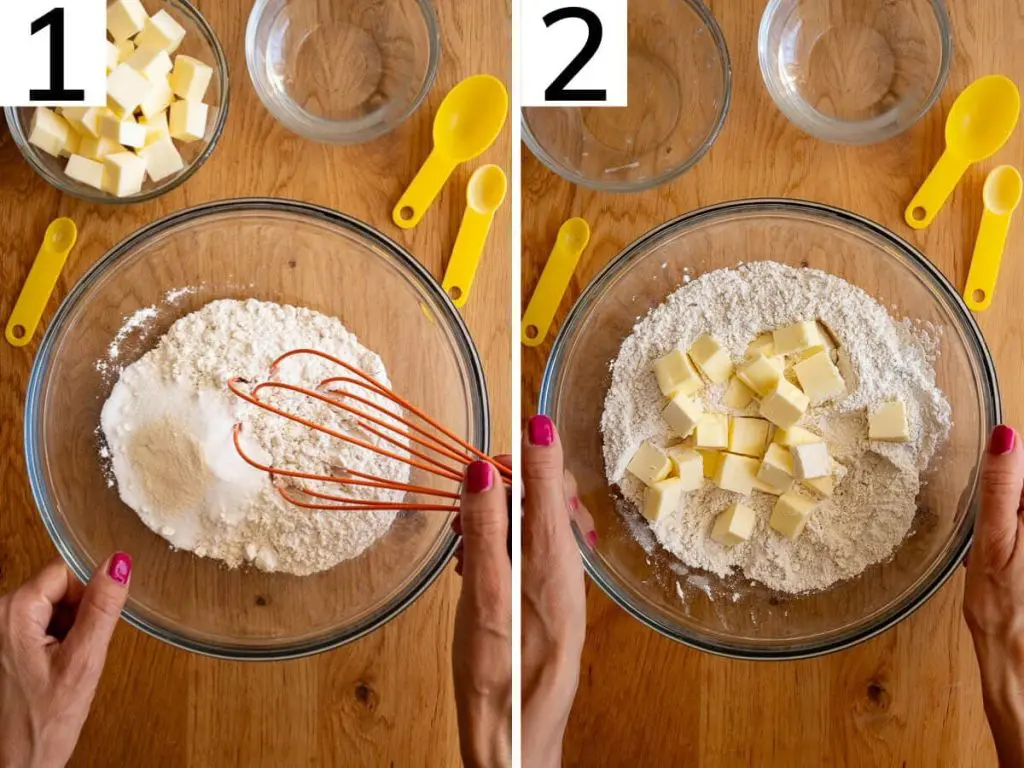 Steps 1 and 2 guide you through whisking together gluten-free flour, monk fruit, and salt, then adding cold cubes of butter.