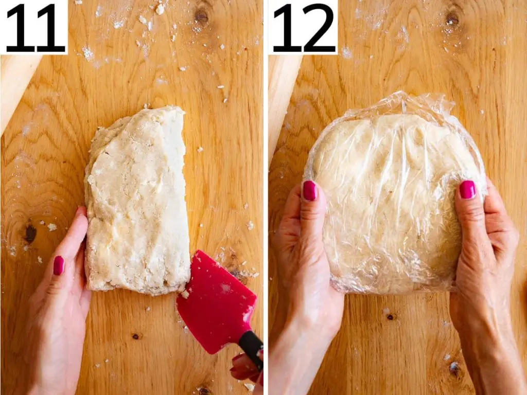 Steps 11 and 12 demonstrate how to roll out and fold the dough using the lamination method.