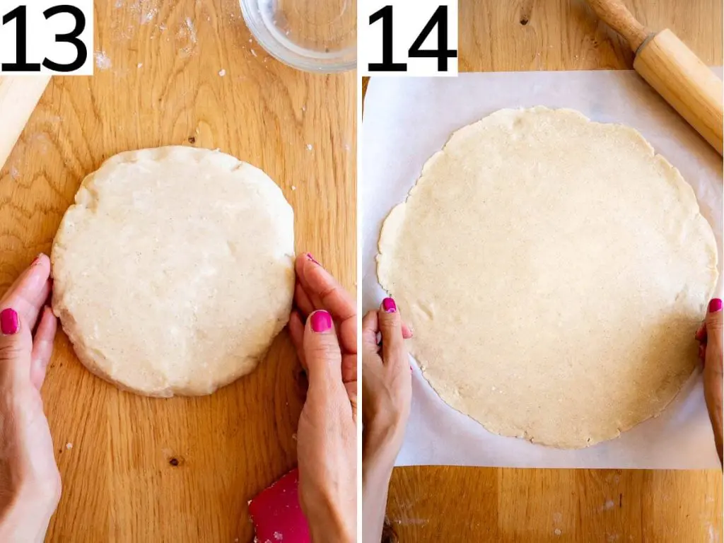 Steps 13 and 14 show the flattened disk of dough and then show it rolled out into a circle.