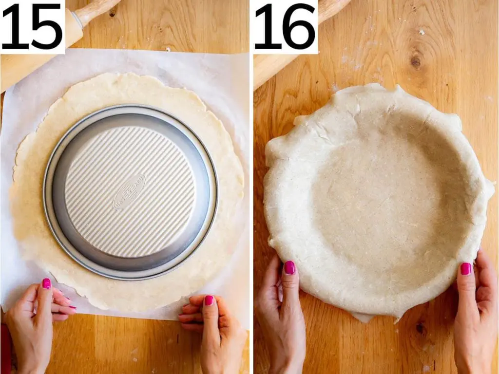 Steps 15 and 16 illustrate how to transfer the rolled tart crust into a tart pan.